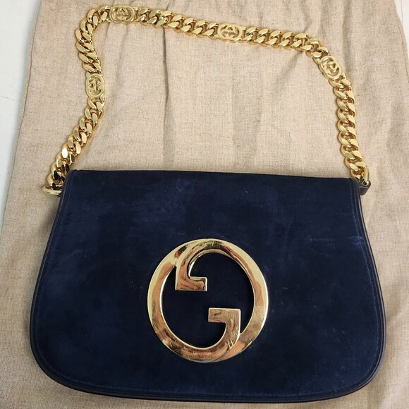 Gucci Blondie Small Shoulder Bag Suede Navy Blue w/ Gold GG Chain - Picture 1 of 12